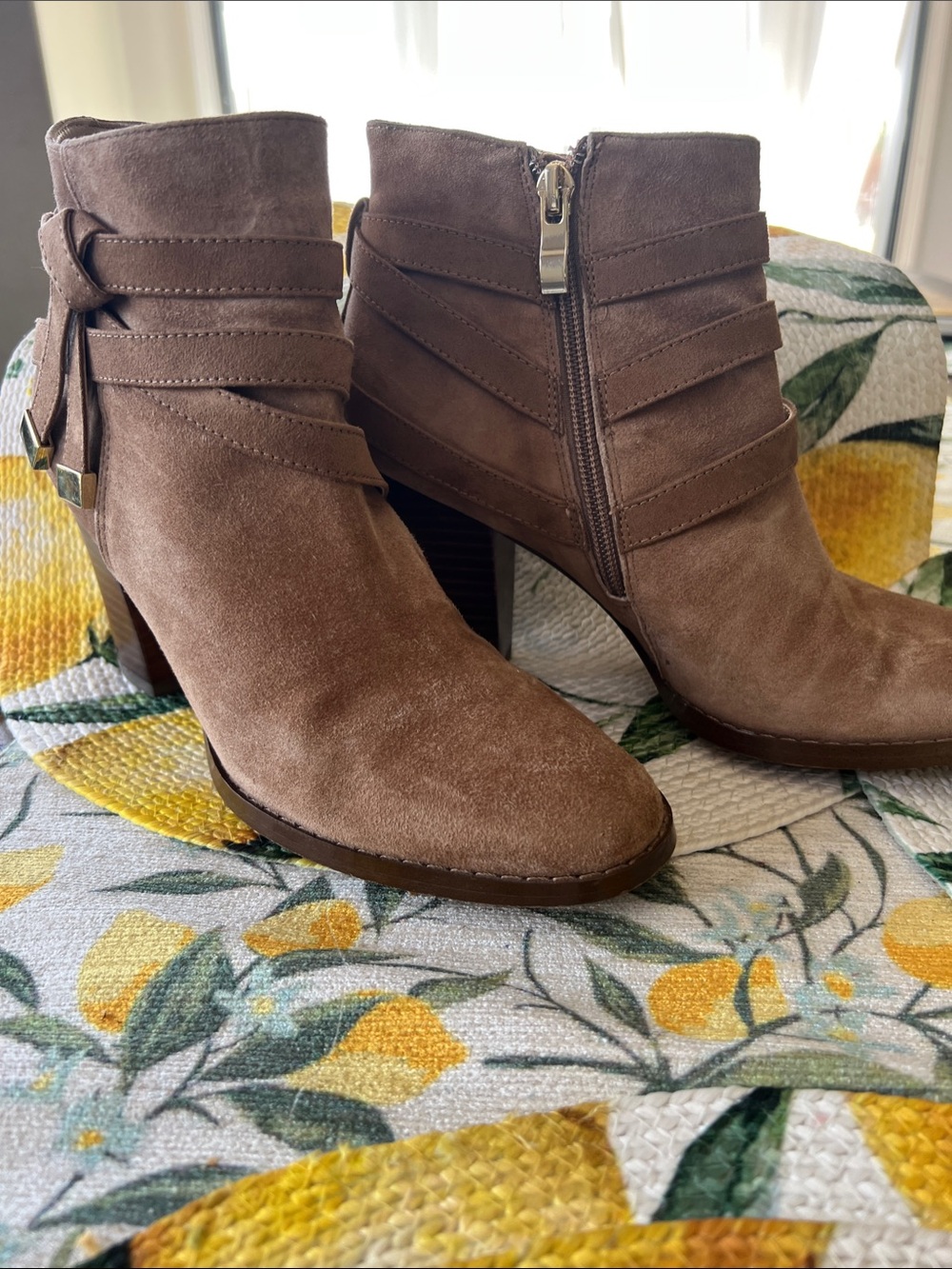 White House Black Market Brown Suede Ankle Boots with Wrap Straps